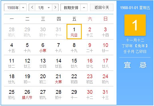 1988年农历阳历表 1988年阴历阳历对照表
