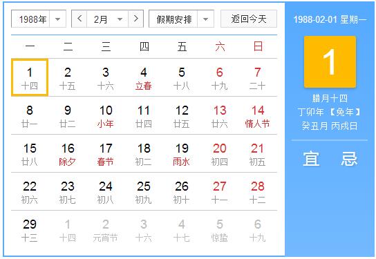 1988年农历阳历表 1988年阴历阳历对照表