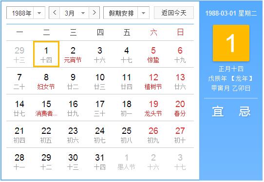 1988年农历阳历表 1988年阴历阳历对照表