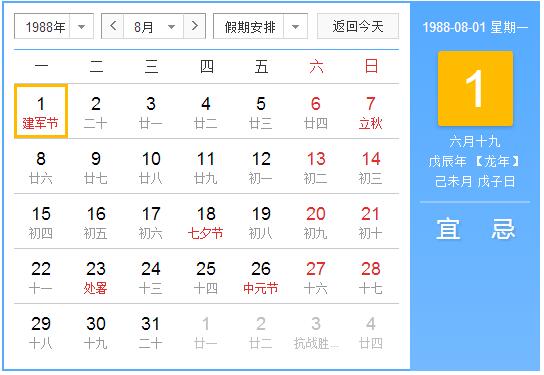 1988年农历阳历表 1988年阴历阳历对照表