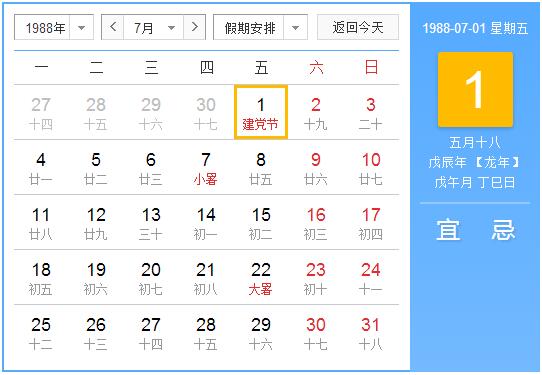 1988年农历阳历表 1988年阴历阳历对照表