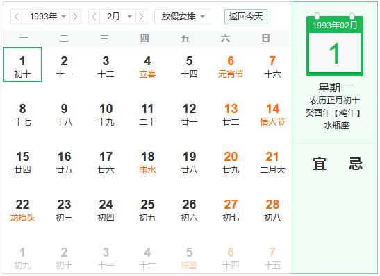 1993年农历阳历表 1993年阴阳历对照表