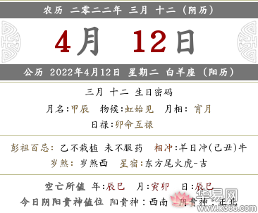 2022年农历三月十二黄历内容查询，日子好吗？