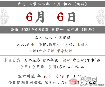 2022年农历五月初八时辰吉凶、宜忌查询一览表