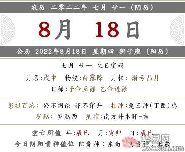 2022虎年农历七月二十一日喜神位置一览表