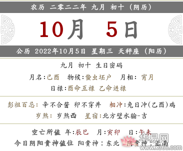 2022年农历九月初十时辰吉凶，各时辰宜忌查询