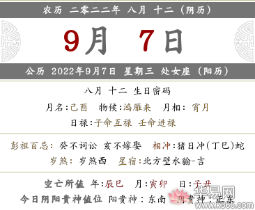 2022壬寅年八月十二这一天的喜神方位查询