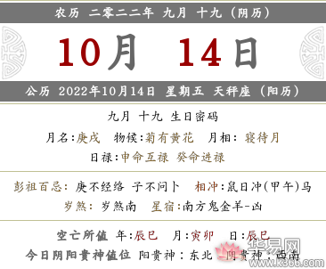 2022壬寅年九月十九是几月几号？这天是什么样的日子