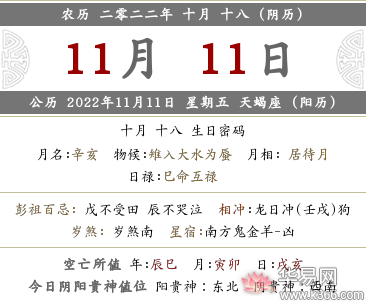 2022年农历十月十八时辰宜忌事项，时辰吉凶情况