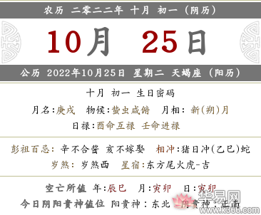 2022年农历十月初一是几月几日星期几？这天是啥日子