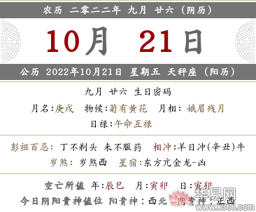 2022年农历九月二十六当日黄历财神方位在哪