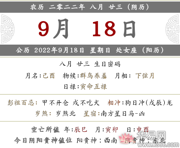 壬寅2022年农历八月二十三时辰吉凶、宜忌详解