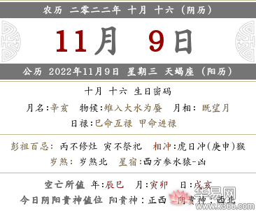 2022年农历十月十六喜神十二时辰方位一览