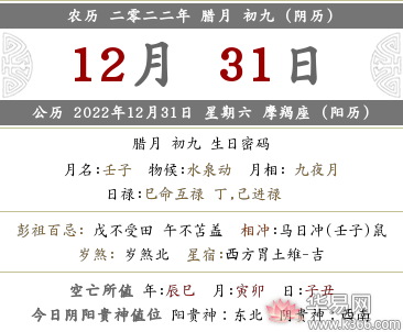 2022年农历十二月初九日十二时辰时辰吉凶宜忌查询